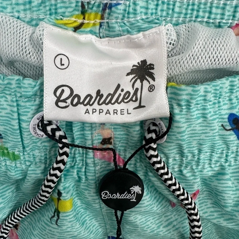 NEW Boardies Apparel Men’s Swim Trunks Aqua Blue Surfer Print Size Large
